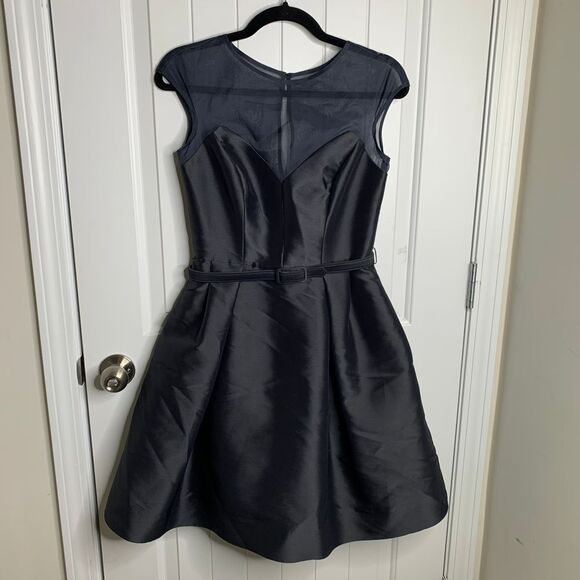 Theia Black Cocktail Dress Mesh Illusion Neckline‎ Pleated A-Line Formal Party 2 - Picture 1 of 9
